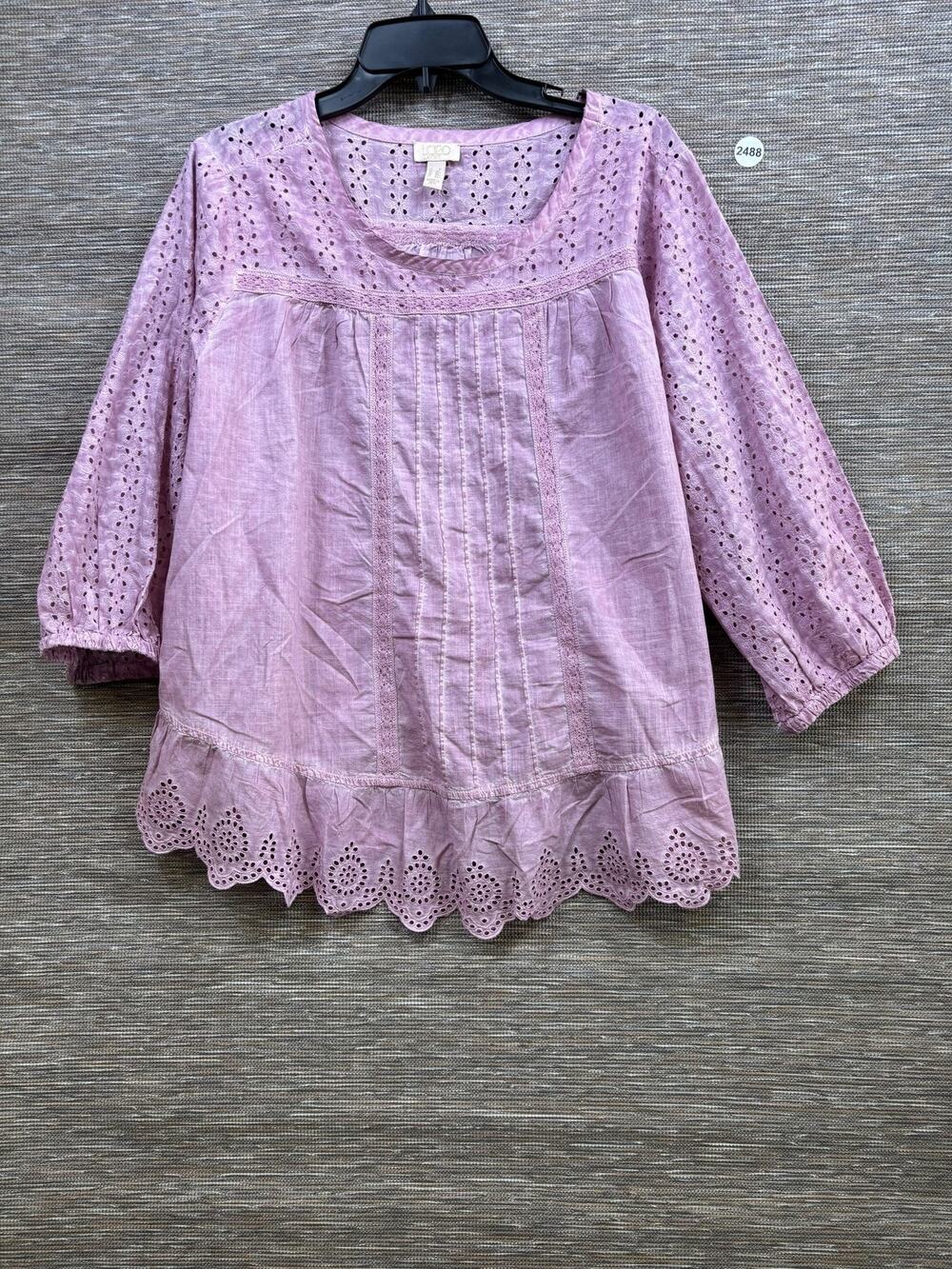 LOGO Lavish Blouse Womens 2X Purple Eyelet Embroidered 3/4 Sleeve Tunic Top Boho